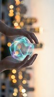 Hands protecting glowing energy sphere with bokeh lights background representing innovation technology future concepts and digital transformation.