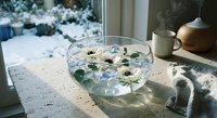 White anemone flowers floating in glass bowl by sunny window, cozy winter home decor with diffuser and snowy garden view.