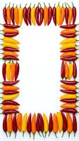 Colorful chili pepper frame border with red orange yellow hot peppers arranged in rectangle pattern on white background for spicy food design and culinary projects.