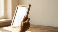 Senior adult hand holding wooden frame with white blank space, displaying empty picture frame for home decor and interior design projects.