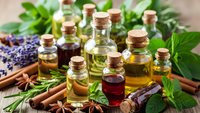 Collection of essential oil bottles with cork stoppers surrounded by fresh herbs, spices and lavender on rustic wooden surface for aromatherapy and wellness.