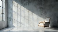 Vintage armchair in empty minimalist room with dramatic sunlight through window casting geometric shadows on concrete wall and floor. Natural lighting.