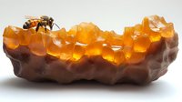 Honey bee on glowing amber honeycomb piece with dark brown base, illuminated from behind showing translucent golden structure and natural organic texture.
