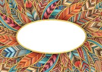 Colorful feather mandala frame with ornamental leaf patterns in warm tones surrounding white oval space for text, design, or product placement.