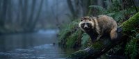 Raccoon standing on mossy log near forest stream in natural woodland habitat during twilight hours for wildlife photography projects.