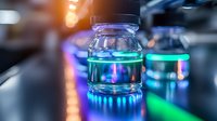 Glass laboratory vials with clear liquid illuminated by vibrant blue and green neon lights in scientific research facility, creating dramatic scientific atmosphere.