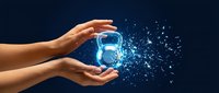 Young adult hands holding glowing digital padlock with blue light particles dispersing against dark background, representing cybersecurity, data protection, and digital safety concepts.