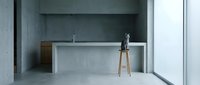 Minimalist bathroom interior with concrete walls, white sink counter, wooden stool, and modern fixtures in empty loft space for contemporary design projects.
