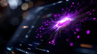 Glowing purple particles emanating from central light source against dark background create futuristic technology visualization effect for digital concept designs.