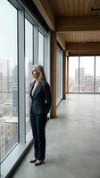 Middle-aged woman with gray hair wearing dark business suit standing in modern empty office space with floor-to-ceiling windows overlooking city skyline.