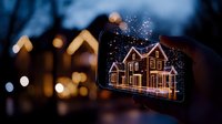 Smartphone screen displaying glowing house outline against dark background with bokeh lights, creating magical nighttime atmosphere. Creative mobile photography concept.