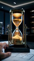 Hourglass with golden sand flowing through glass chambers in modern office setting with keyboard and blurred cityscape background, symbolizing time management and deadline pressure.