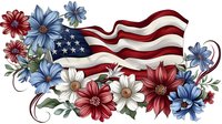 Patriotic floral arrangement with red white and blue flowers surrounding waving stars and stripes flag, decorative swirls and green foliage on white background.