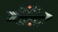 Decorative silver arrow with floral ornaments and sparkles on dark background, folk art style design element for greeting cards and romantic compositions.