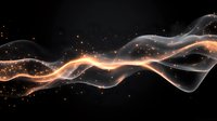 Glowing golden and white energy waves flow through dark space with sparkling light particles, creating dynamic motion effect against black background.