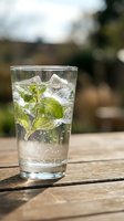 Refreshing sparkling water with fresh mint leaves and ice cubes in clear glass on wooden table outdoors for summer hydration and wellness lifestyle.