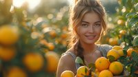 Young woman with braid smiling in citrus orchard at sunset, holding fresh oranges in her arms against blurred golden background of fruit trees.