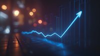 Glowing blue financial chart showing upward trend with bar graph and rising arrow on dark background with bokeh lights, representing business growth and success.