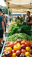 Farmers market vendor displaying fresh organic produce including tomatoes, green beans, and leafy greens under beige canopy tent with customers shopping.