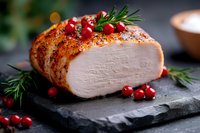 Juicy roasted turkey breast garnished with fresh cranberries and rosemary sprigs on black stone board, close up view. Festive main course for holiday dinner.