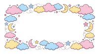 Cute pastel cloud frame with stars and moons on white background. Kawaii style border for baby shower invitations, nursery decor and children designs.