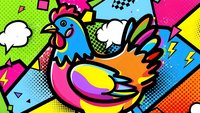 Colorful pop art rooster with comic book style halftone dots and geometric shapes on vibrant background for modern graphic design projects.