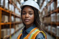 Young African American female warehouse worker wearing safety helmet and reflective vest smiling confidently in modern distribution center storage facility.