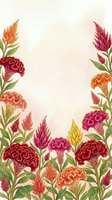 Watercolor celosia flowers border with vibrant red, pink, orange and yellow blooms on soft beige background with copy space.