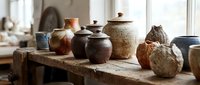 Handcrafted ceramic vessels and rustic pottery displayed on wooden table in bright studio setting, showcasing artisan craftsmanship and traditional clay work.