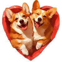 Two happy Welsh Corgi dogs in red heart frame, smiling with tongues out. Cute cartoon style illustration of ginger puppies for Valentine's Day or pet lovers design.