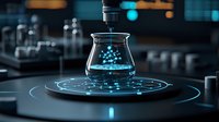 Laboratory beaker with glowing blue liquid on futuristic circular platform with illuminated pattern, dark scientific research environment showcasing advanced technology.