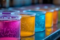 Colorful chemistry laboratory beakers filled with vibrant liquid solutions creating rainbow spectrum for scientific research and education experiments.