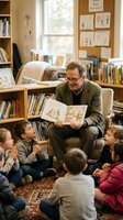 Middle-aged Caucasian male teacher reading storybook to diverse group of elementary school children sitting on floor in cozy classroom library corner.