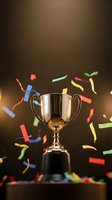 Golden trophy cup with colorful confetti celebration on dark background for achievement recognition and victory ceremonies.