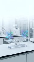 Transparent acrylic scale with glowing AI technology icons in modern laboratory setting for artificial intelligence research and development.