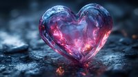 Crystal heart with pink and blue gradient glowing on dark textured surface for romantic designs and Valentine's Day projects.