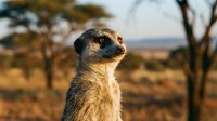 Alert meerkat standing guard in African savanna landscape with acacia trees during golden hour sunset wildlife photography.