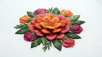 Vibrant hand-embroidered floral arrangement featuring layered roses in orange, pink, and magenta tones with green leaves on white background, suitable for textile design and craft projects.