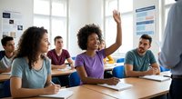 African American female student raising hand in diverse college classroom with multiethnic peers during interactive learning session.