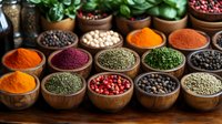 Colorful aromatic spices and herbs in wooden bowls arranged in rows, including turmeric, paprika, peppercorns, dried herbs and pink peppercorns on dark background.
