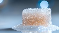 Sparkling sugar-coated orange jelly candy cube covered in crystallized granules on white surface with bokeh lights background for confectionery designs.