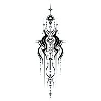 Mystical geometric tattoo design with flowing lines and sacred symbols on white background. Black linear ornament combines cosmic and tribal elements.