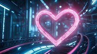 Glowing neon pink heart shape floating in futuristic dark corridor with reflective surfaces, blue lights and digital elements creating cyberpunk atmosphere.