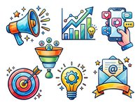 Megaphone with stars and sparkles, growth chart with upward arrow, hand holding smartphone with social media icons, target with bullseye, light bulb with rays, and envelope with email symbol representing digital marketing strategy and business promotion.