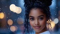 Young African American woman with natural curly hair smiling confidently against blurred city lights and bokeh background at dusk, expressing joy and optimism.