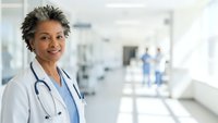 Confident African American female doctor with stethoscope smiling in modern hospital corridor. Professional healthcare worker in medical scrubs and white coat.