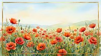 Watercolor painting of red poppies blooming in meadow with rolling hills landscape background, botanical floral art for home decor and nature lovers.