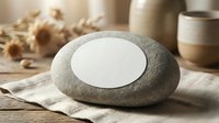 Natural spa stone with blank white label on rustic wooden surface with ceramic pottery and dried flowers in soft warm lighting for wellness branding.