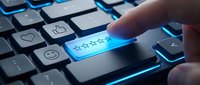 Customer pressing five star rating button on illuminated keyboard for online review feedback and service quality evaluation in digital business.