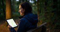 Young woman using tablet computer outdoors in evening light, sitting on wooden bench in park setting for digital lifestyle and technology concepts.